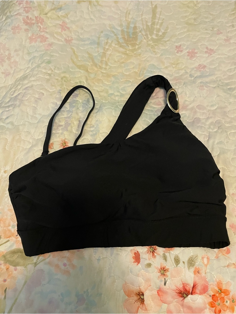 Time and Tru Black One-Shoulder Bikini Top with Silver Ring